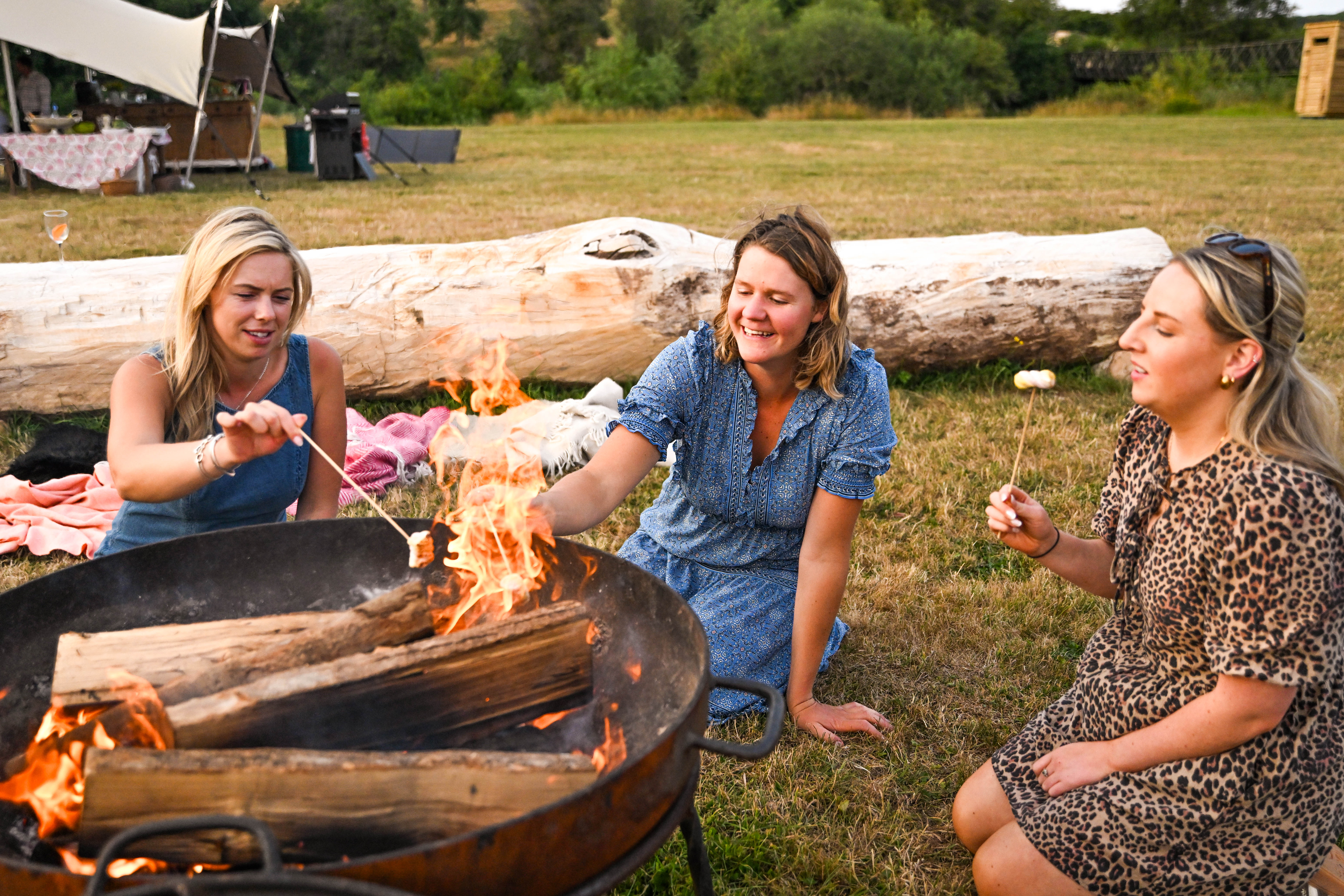 Toasting marshmallows at the fire pit at Hopnest Retreats, Worcestershire
